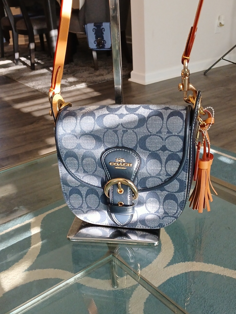 Coach Navy Signature Crossbody with Tan Leather Strap and Tassel